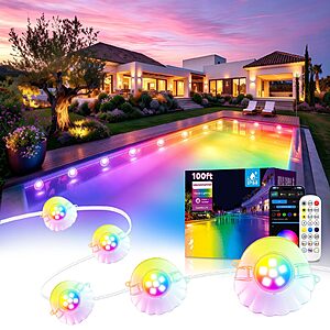 100FT RGB Swimming Pool Lights for Inground & Above Ground Pools,IP68 Waterproof,Plug-in 16 Shell Pool LED String Lights,Remote/APP Control,16M Colors,DIY Timer,44 Modes $9.99