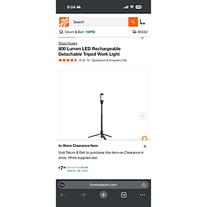 Selected Home Depot: 800 Lumen LED Rechargeable Detachable Tripod Work Light $7