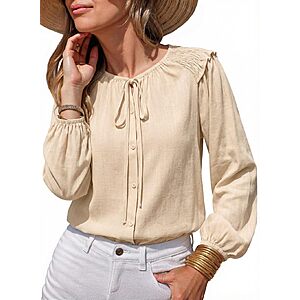 Dokotoo Women's Ruffle Round Neck Button Down Shirts (Various) $9.99 + Free Shipping w/ Prime or on $35+