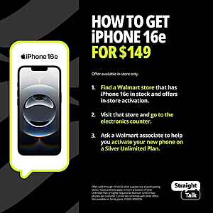 Straight Talk Apple iPhone 16e, 5G, 128GB, Black - Prepaid Smartphone [Locked to Straight Talk] $149