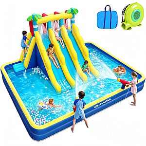 $359.99: ELEMARA Inflatable Water Slide, 20.66x16.4FT, Double Pool, 3 Slides, Climbing Wall, Water Cannons, 750W Blower at Amazon