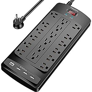 $17.94* | Powsav 18-Outlet 6' Flat Plug Surge Protector w/ 4 USB Ports (Black) at Amazon