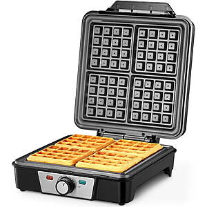 Reemix Belgian Waffle Maker, 4-Slice, 1200W Non-Stick Waffle Iron with Browning Control, Indicator Lights, Cool-Touch Handle, Silver/Black $29.99