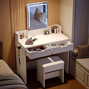 Bestier White Vanity Desks Set with Mirror and Lights ,Makeup Table with Comfortable Bench,Big Vanity with 2 Storage Compartments,31.5in $99.96