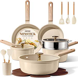 CAROTE 19-Piece Ceramic Pots and Pans Set, Nonstick Cookware Set with Lids, Induction Compatible, Oatmeal $69.99