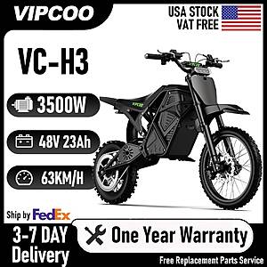 VIPCOO VC-H3 Electric Dirt Bike 3500W Peak 4500W Motor 48V 23Ah Off-Road Motorcycle 25-43 mile range $672 + Free S/H