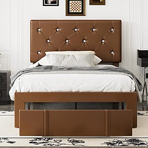 VECELO Twin Size Bed Frame with Storage Drawers, Leather Upholstered with Diamond Tufted Headboard, Solid Wood Slat Support, various colors, from $89.99