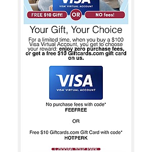Giftcards.com $100 visa no fee or $10 credit