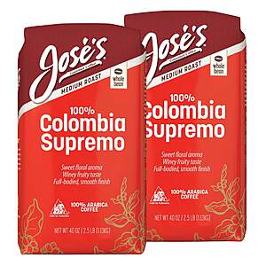 Jose's 100% Colombia Supremo Whole Bean Coffee, Medium, 2.5 lbs, 2-pack $44.99 Free Shipping Costco.com