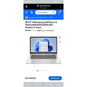 HP 17.3" FHD Laptop | AMD Ryzen 5 7520U | 8GB RAM | 512GB SSD - $399