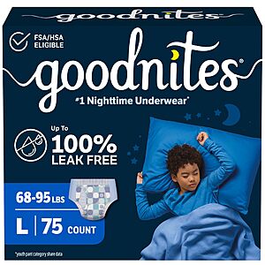 [S&S, AC] $36.20: 3-Pack GoodNites Boys Nighttime Underwear, Size Large, 75 Ct (3 Packs of 25)