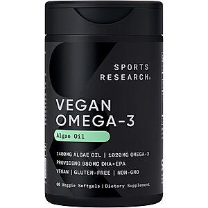 Select Accounts: 60-Count Sports Research Vegan Omega-3 Algae Oil Softgels $14.55 + Free Shipping w/ Prime or on $35+