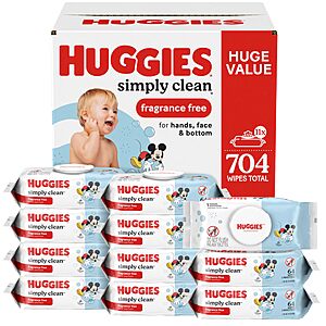 $12.69 or less S&S/Clip Q Huggies Simply Clean Baby Wipes, Unscented, 11 Packs, 704 Wipes | Fragrance Free, Soft & Strong, Everyday Cleanup, Thick & Absorbent