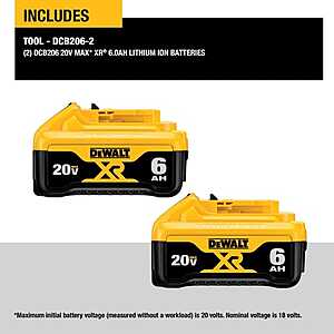 $179 ACE REWARDS DeWalt 20V MAX XR DCB206-2 6 Ah Lithium-Ion Battery 2 pc