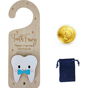 10.2" PAMBO Wood Tooth Fairy Door Hanger Money Holder w/ Tooth Coins for Lost Tooth (Blue) $4.99 + Free Shipping w/ Prime or on $35+