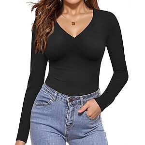 Ekouaer Women's Long Sleeve V-Neck Slim Fit Thermal Top (Various) $4.99 + Free Shipping w/ Prime or on $35+
