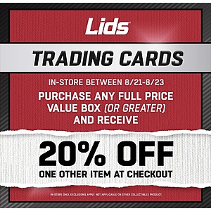 20% OFF Sports Cards at Lids 8/21 - 8/23 Topps Value Boxes, Mega Boxes, MLB, NBA, NFL, etc. $40