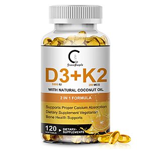 120ct Vitamin D3 K2 Supplement 5000 IU + K2 MK7 200mcg with Coconut Oil $9.09