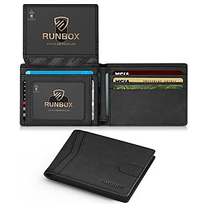 RUNBOX Men's Slim RFID Leather Wallet w/ 2 ID Windows (Crazy Horse Black) $5.99 + Free Shipping w/ Prime or on $35+