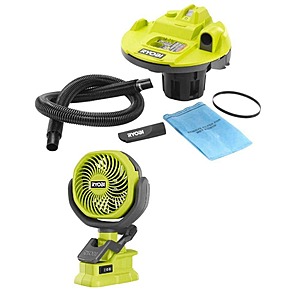 RYOBI ONE+ 18V Cordless 5 Gal. Bucket Top Wet/Dry Vacuum, 1/4 in. Hose, Crevice Tool and ONE+ 18V Cordless 4in. Clamp Fan, $69.97, FS, Home Depot