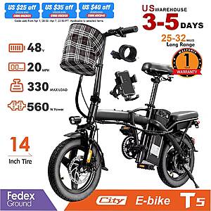 TERROSOR T5 14" 560W Folding Electric Bike 48V10.4Ah 20mph Max Speed 25-32 mile Range $138 + Free S/H