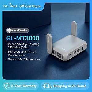 GL.iNet GL-MT3000 Beryl AX Wi-Fi 6 Travel Router 574+2402Mbps $55.80 + Free Shipping