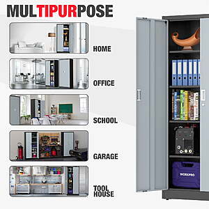 $190 FS WALMART BY GREAT STAR: WORKPRO 71"x31.5"x15.75" Metal Garage Storage Cabinet with Locking Doors and 5 Adjustable Shelves, for Tools, Office, Home, Shops, Black&Gray