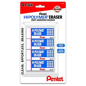 Pentel Hi-Polymer Erasers - 4ct: White PVC, Writing Utensil, Right/Left-Handed, Stationery & Office Supplies $2.29