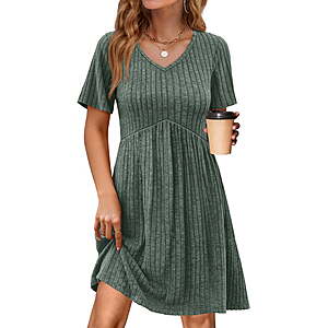 Fantaslook Short Sleeve Dresses for Women V Neck Summer Midi Dresses Empire Waist Tunic Casual Dress with Pockets $14.99