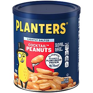 PLANTERS Lightly Salted Peanuts, Plant Based Protein Snacks, 16 Oz (1 Ct) | Roasted Lightly Salted Nuts. 0g Trans Fat. Resealable Jar~$2.98 @ Amazon