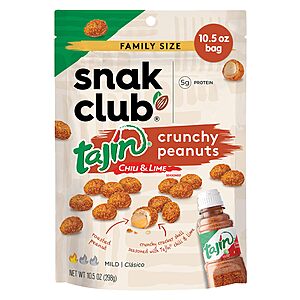 Snak Club Tajin Crunchy Peanuts, Nuts with Chili and Lime Seasoning, Mild, 10.5 oz Resealable Bag~$6.99 @ Amazon