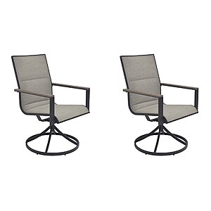 YMMV, Set of 2, Style Selections Elmhurst Black Steel Frame Swivel Dining Chair with Gray Sling Seat, $132, Lowe's