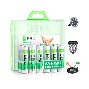 EBL Solar AA Battery Rechargeable Batteries for Solar Lights, 12 Pack $9 + Free Shipping