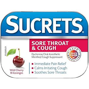 [SnS] $3.32 | Sucrets Sore Throat Lozenges, Wild Cherry, 18 Count at Amazon