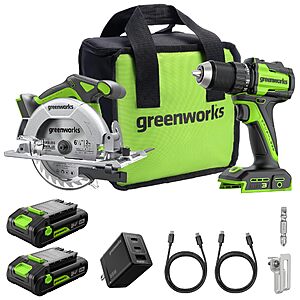 GREENWORKS 24V 1/2” Brushless Cordless Drill (400 In-lbs.) + 6.5” Circular Saw (4,800 RPM), (2) 2.0Ah Batteries ( Cable, 65W Rapid Charger $109.76