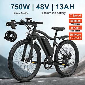Toofly 26" Mountain E-bike peak 750W 48V 13Ah 7-speed Removable Battery Dark Grey $263 + Free Shipping