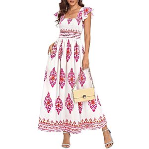BTFBM Casual Floral Boho Sleeveless Square Neck A Line Flowy Beach Maxi Sundress $16.24
