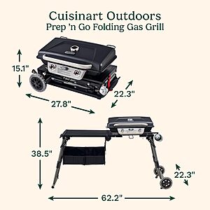 Cuisinart Prep ‘N Go Folding Gas Grill, Portable Stand-Up Propane Grill with Compact Fold and Storage Tote, Wheels and Side Table, 18,000 BTUs $199