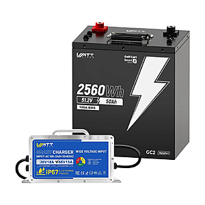 Wattcycle 48V 50Ah Lithium LiFePO4 Bluetooth Battery 100A BMS + 48V 15A Charger 179.99 free shipping $179.99