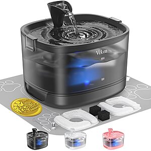 2.5-Liter Veken Cat Water Fountain w/ Detachable Tank & 5-Stage Filtration (Black) $17.99 + Free Shipping w/ Prime or on $35+