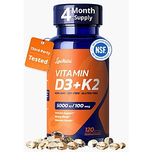 LincNutri Vitamin D3 K2 5,000IU MK7 100mcg, 120 Softgels $3.79