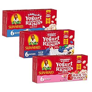 [AC] $6.28* | 18-Pk 1-Oz Sun-Maid Yogurt Coated Raisins 3 Flavor Snack Pack Bundle at Amazon