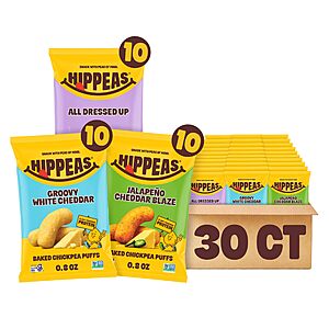 Hippeas Chickpea Puffs, Variety Pack, Groovy White Cheddar, Jalapeño Cheddar, All Dressed, 30 x 0.8 oz, Baked Crunchy Chickpea Snacks, for $17.26