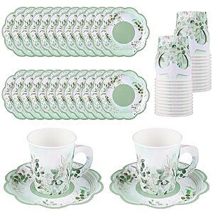 24-Set 7-Oz NatNarr Disposable Paper Tea Cups and Saucers (Eucalyptus Leaves) $7.19 + Free Shipping w/ Prime or on $35+