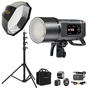 FLASHPOINT(Godox) XPLOR 600w PRO II for $699 includes 9 foot air cushioned light stand and 4 foot softbox