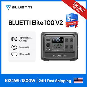 Cert. Refurb：BLUETTI Elite 100 V2 Portable Power Station 1800W 1024Wh $258.40 + Free Shipping