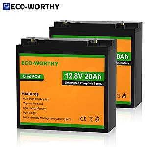 ECO-WORTHY 2-Pack 12V 20Ah Lithium Battery 256Wh BMS $72 + Free S/H