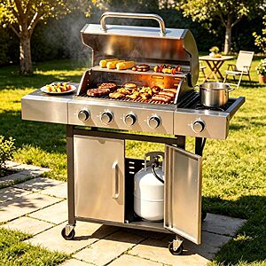 LazySunsets Luxury 4-Burner Propane Outdoor Grill, 49000 BTU All-weather Stainless Steel BBQ Grill with Side Burner for Outdoor, Cast Iron Grates & Side Tables $219.98