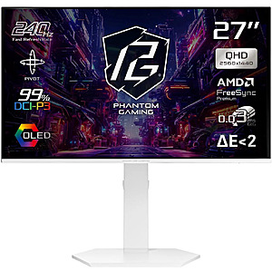 ASRock Phantom Gaming 27" 1440P 240Hz HDR10 OLED White Gaming Computer Monitor $299.33