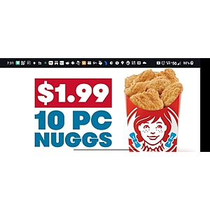 Get 10 original or spicy chicken nuggets for $1.99 w/ any purchase at Wendy's